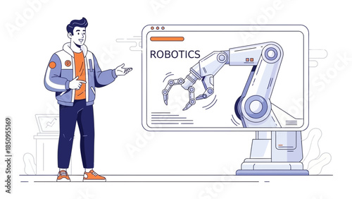 illustration of a young man presenting a robotic arm on a computer screen emphasizing robotics