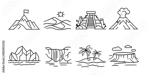 Stylized icon set of global landmarks and natural wonders