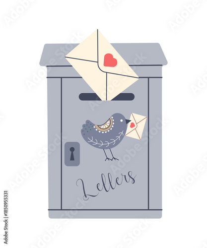 Vector illustration of a mailbox with a keyhole and a decorative bird. Clean flat design with simple shapes and soft colors. Suitable for greeting cards, posters, stationery, web design, print product