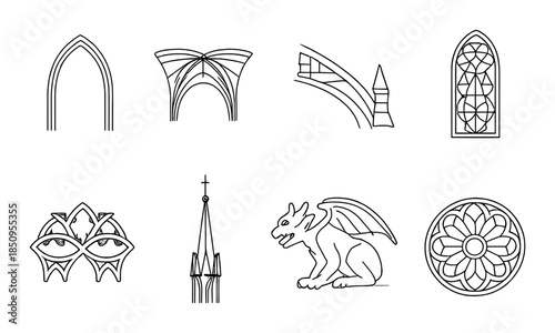 Gothic architecture icons featuring gargoyle and stained glass designs