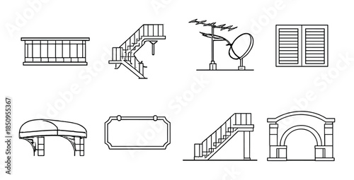 Black and white architectural icons featuring stairs and arches