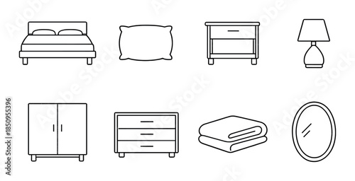 Minimalist bedroom icons: bed, pillow, nightstand, lamp, wardrobe, dresser, blanket, mirror