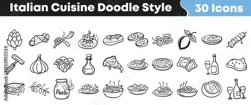 Collection of thirty hand drawn doodle style icons representing various elements of traditional italian cuisine and ingredients on transparent background