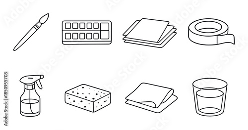 Art and cleaning tools: brush, paint set, papers, tape, spray, sponge, cloth, glass