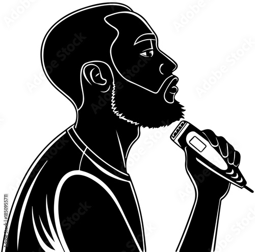Silhouette of Man Grooming Beard – Black and White Personal Care Illustration
