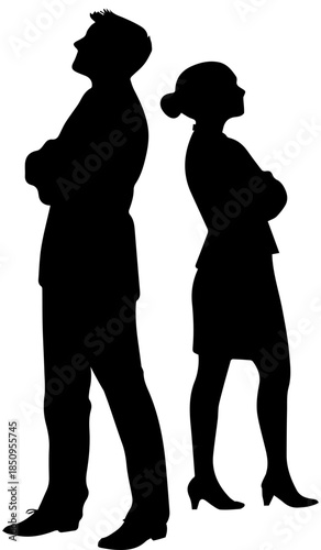 Silhouette of Couple Back-to-Back – Black and White Emotional Distance Illustration
