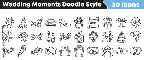 A charming set of thirty hand drawn doodle style icons depicting various romantic wedding moments and celebration elements on transparent background