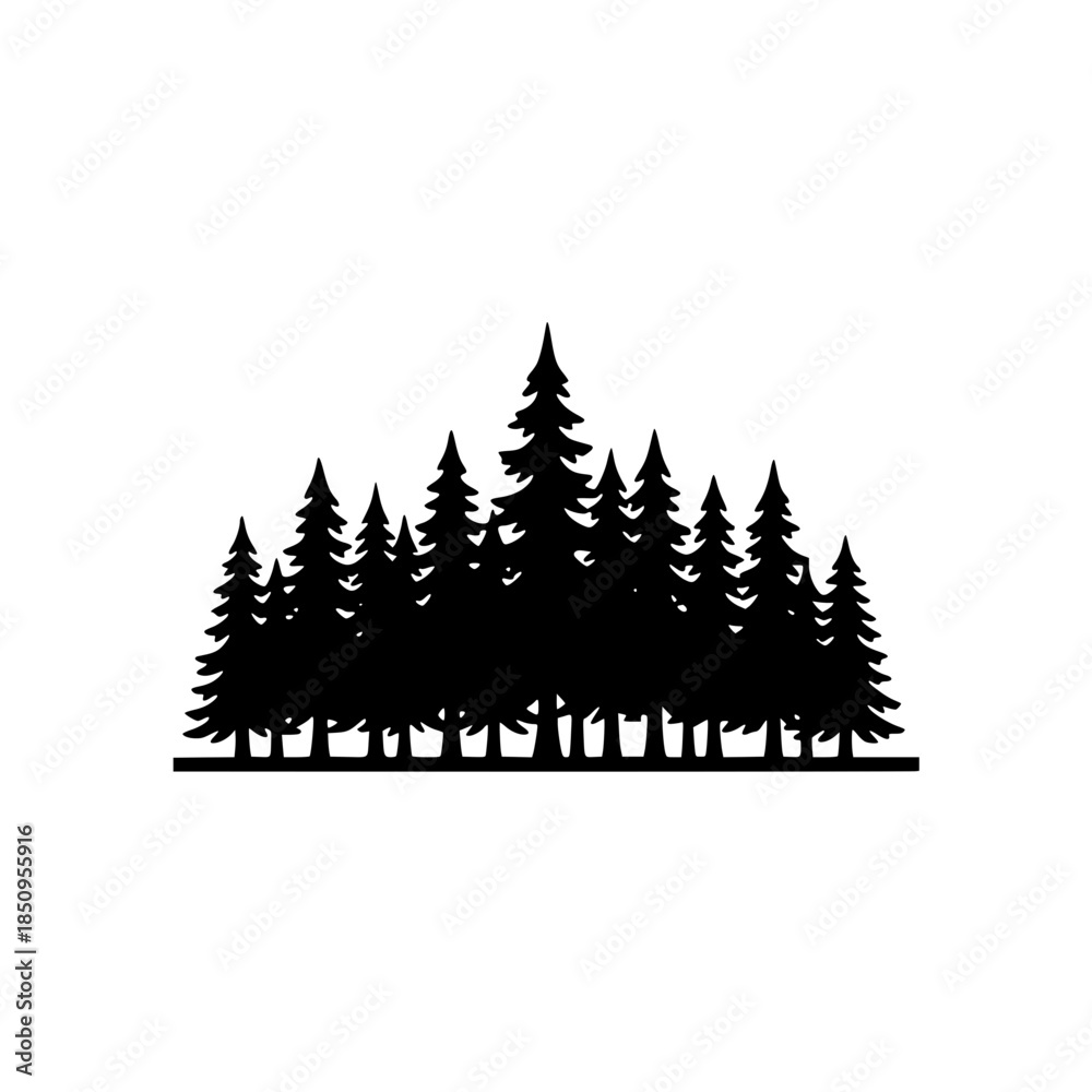 Obraz premium Bold Minimalist Forest Silhouette Treeline. Black and White Flat Design Pine Tree Horizon for SVG Cutting Files, Woodland Branding, Nature Scenery Logo, and Modern Outdoor Wilderness Illustration