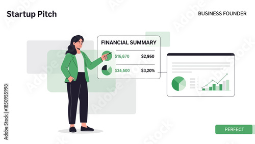 Businesswoman presenting financial summary data with charts and graphs during startup pitch