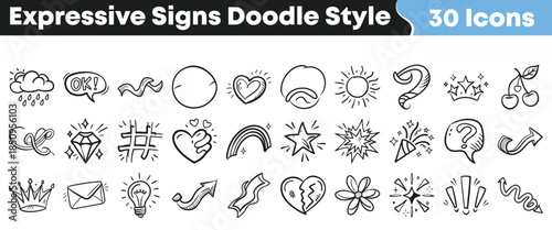 Collection of 30 hand drawn expressive signs and symbols doodle icons in black outline style on transparent background