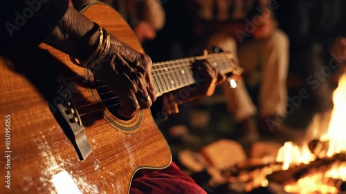 Man Playing Guitar by Campfire at Night.