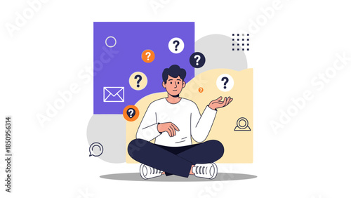 Young man sitting in meditation with question marks around him illustrating contemplation and