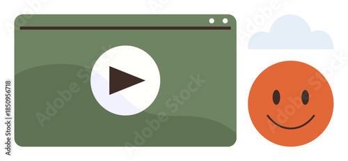 Green screen with play button, orange smiling face, and white cloud. Ideal for video content, positivity, learning, technology, entertainment creativity and social media. Simple flat metaphor