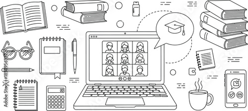 E learning setup with laptop video conference books calculator glasses pen coffee and mobile phone icons