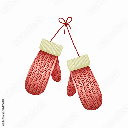 Pair of red knitted mittens hanging with string against a white background