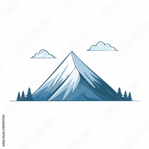 Snowy mountain peak with clouds and trees isolated on a white background