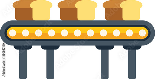 Conveyor belt moving freshly baked loaves of bread through a bakery factory, representing industrial food production