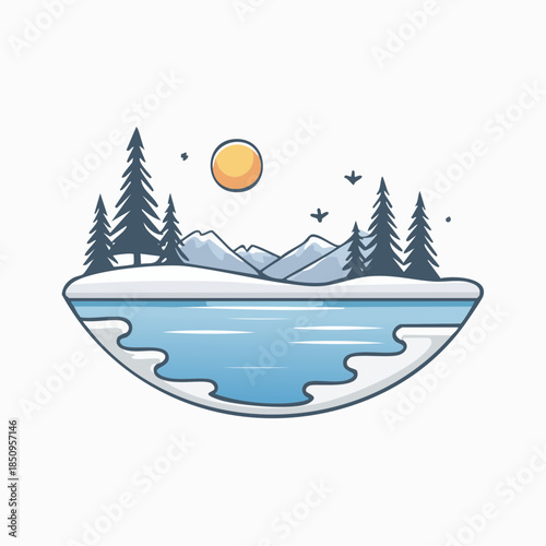 Stylized winter landscape with mountains trees sun and snow