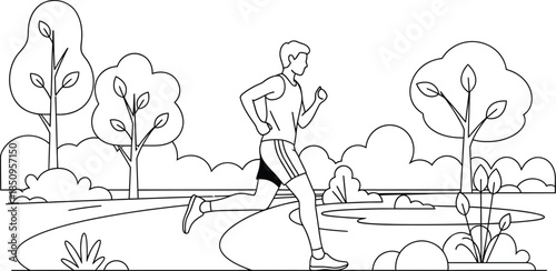 Line art illustration of man jogging on a park path surrounded by trees and nature landscape