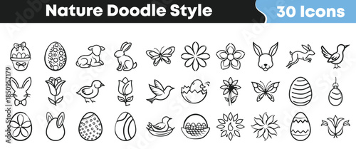 Thirty doodle style nature and easter icons featuring bunnies birds eggs flowers and butterflies on transparent background