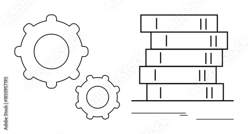 Two interlocking gears next to a stacked database visualizing concepts thumbs up data management, teamwork, and innovation. Ideal for technology, efficiency, automation, software, strategy