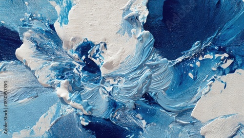 Close-up of textured abstract painting in shades of blue and white, showing brush strokes