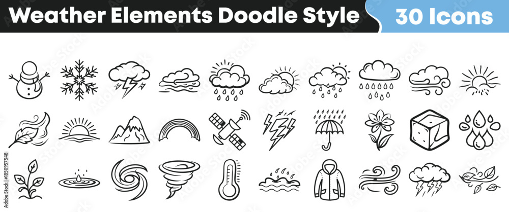 Obraz premium Thirty cute hand drawn doodle style weather icons including sun rain clouds lightning snowflake and atmospheric phenomena on transparent background