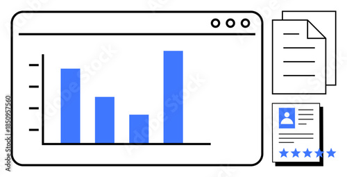 Data analysis screen featuring bar graph and documents with evaluation details. Ideal for analytics, performance tracking, professional reviews, business reports, research, career development