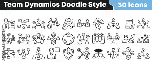 Collection of thirty hand drawn doodle style icons illustrating various concepts related to team dynamics and human resources on transparent background