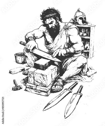 Hephaestus Greek god of fire and blacksmithing illustration in classical engraving style, ancient mythology artisan forging metal black and white vector artwork
