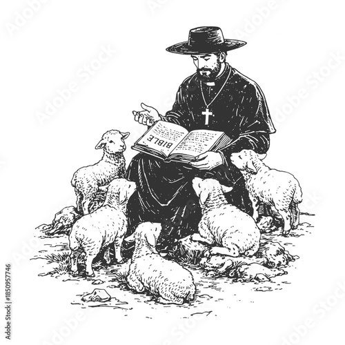Vintage priest reading a religious book to sheep illustration in pastoral engraving style, spiritual countryside scene black and white vector artwork