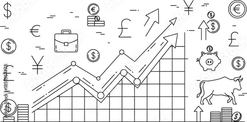 Finance growth line chart currency symbols dollar euro pound yen investment bull market savings progress
