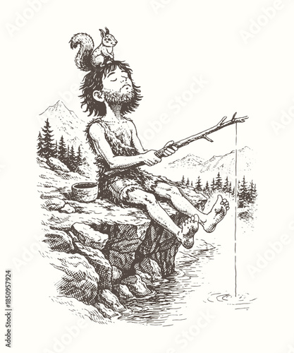 Hand Drawn Prehistoric Fisherman Vector Illustration in Vintage Engraving Style, Black and White Ancient Human Fishing Scene in Nature
