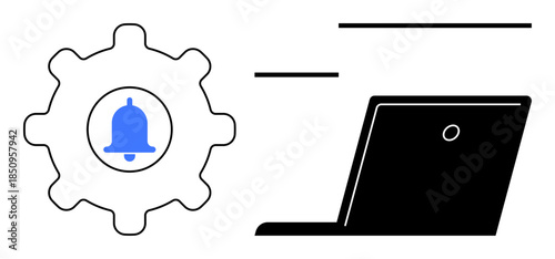 Online communication, digital workspace, notification settings, tech interface, efficiency, productivity. Gear with bell icon next to a laptop silhouette. Notification settings and digital workspace