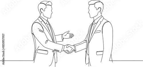 Two businessmen in suits shaking hands in continuous line art style, partnership agreement and deal making concept