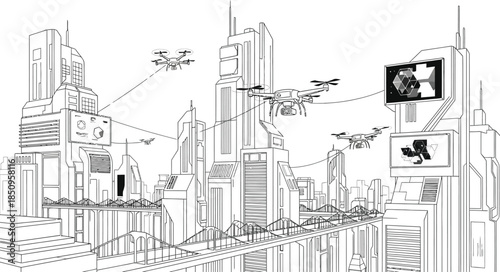 Futuristic cityscape with multiple delivery drones navigating between skyscrapers and elevated transit systems