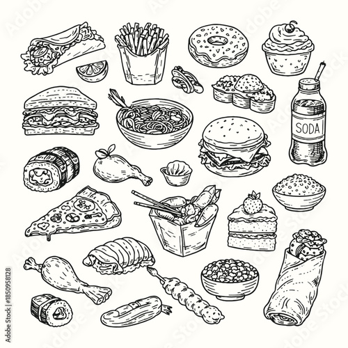 Hand Drawn Fast Food Collection Vector Icon Set in Vintage Engraving Style, Black and White Illustration of Snacks, Drinks, and Meals