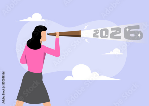 Businesswoman looking through a telescope at the year 2026. Future planning, vision, and goal-setting concept