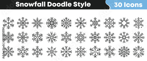Collection of thirty unique hand drawn snowflake icons presented in a doodle style ready for winter design projects on transparent background