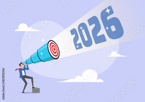 Businessman looking through a telescope at the year 2026. Future planning, strategic vision, and targeting success concept