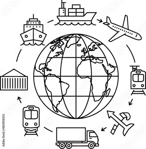 Global logistics network diagram showing air sea road rail transport modes around the world concept