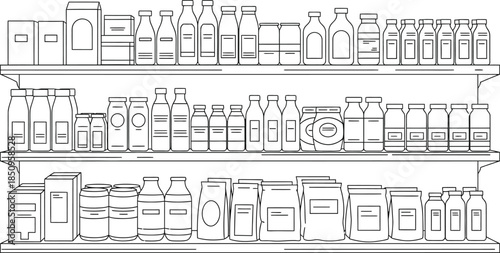 Grocery store shelf illustration, line art, pantry items, milk bottles, jars, containers, dry goods organization, food storage