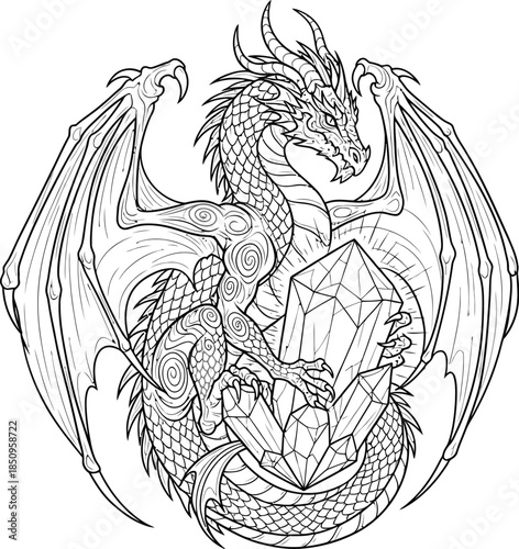 Coloring page dragon guarding large crystal treasure, fantasy art, mythical beast with wings and scales