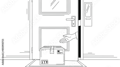 Contactless delivery service, doorstep package drop off, hand receiving box, secure shipment transfer, vector illustration