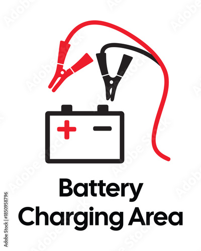 Battery Charging Area Sign with Red and Black Jumper Cable Clamps on Car Battery Graphic - High Quality Vectorial Stock Image
