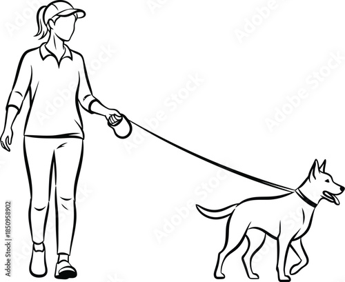 Woman walking dog on leash, line art illustration of pet owner and canine companion outdoors recreation