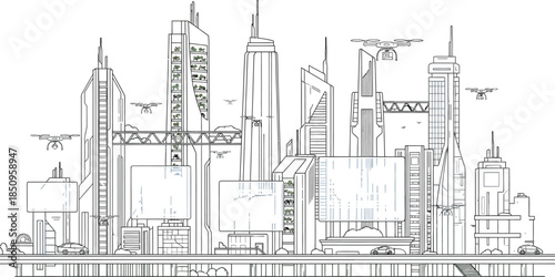 Futuristic cityscape illustration with smart buildings, autonomous vehicles, drone delivery systems, and green vertical farming integration