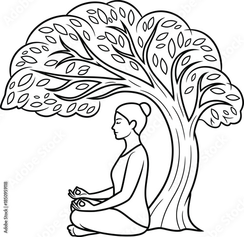 Woman meditating under tree in lotus pose, yoga and mindfulness concept illustration, spiritual zen balance drawing
