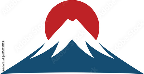 Stylized mount fuji icon with red rising sun and snowcap on white