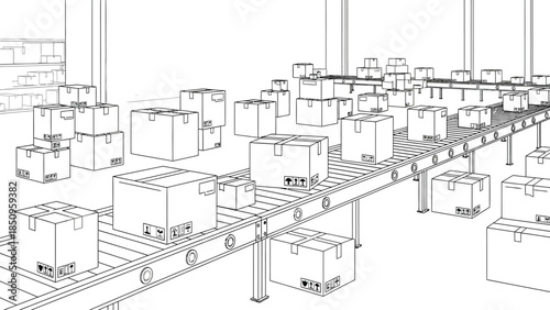 Warehouse conveyor belt with many shipping boxes moving through automated logistics and distribution process